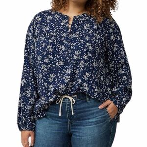 Torrid Whimsy Floral Relaxed Long Sleeve Flowy Henley Blouse Size 1X Navy Blue